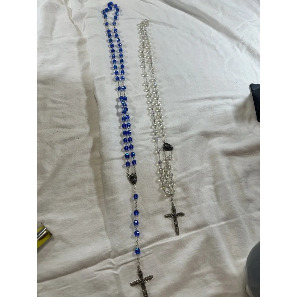 Set of 2 Catholic Rosaries Blue & Clear Glass Beads Silver Crucifix INRI Vintage